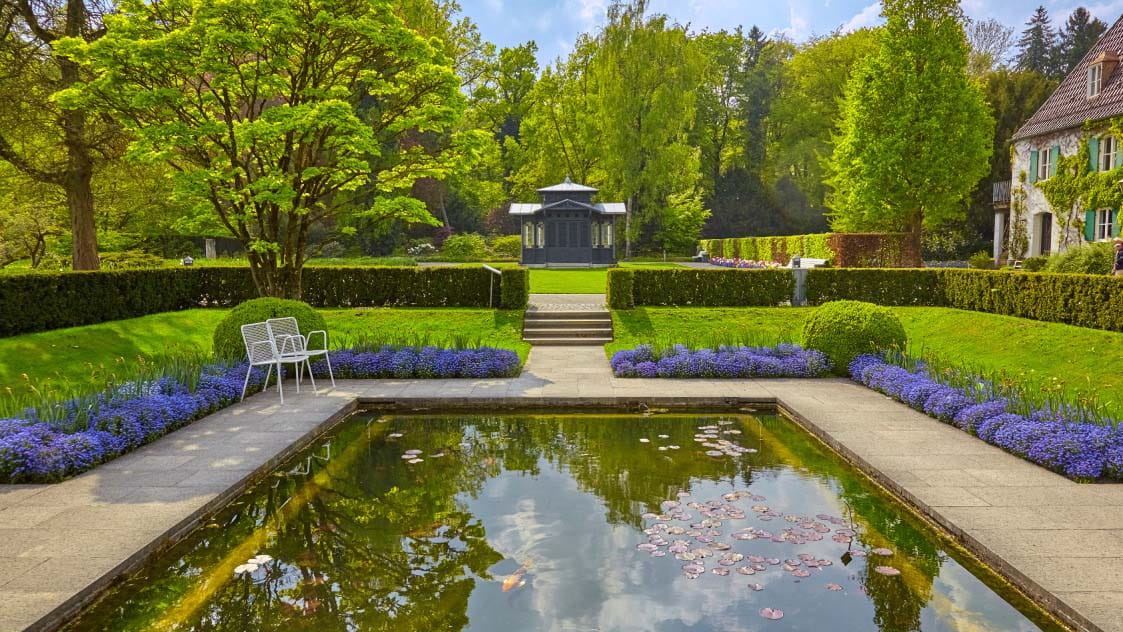 IA pond to represent a tiered garden having a tier dedicated to a water feature