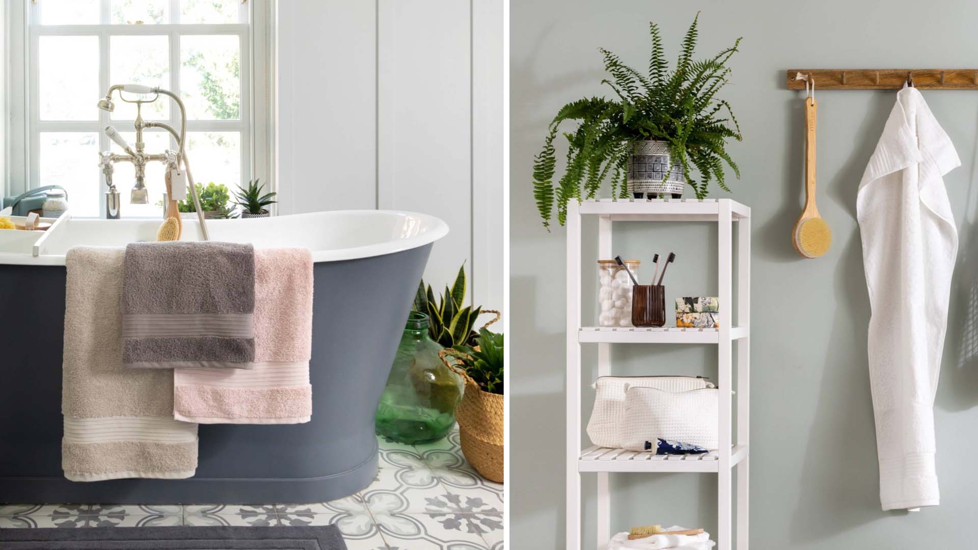 towels hung over the side of a bathtub and hung up