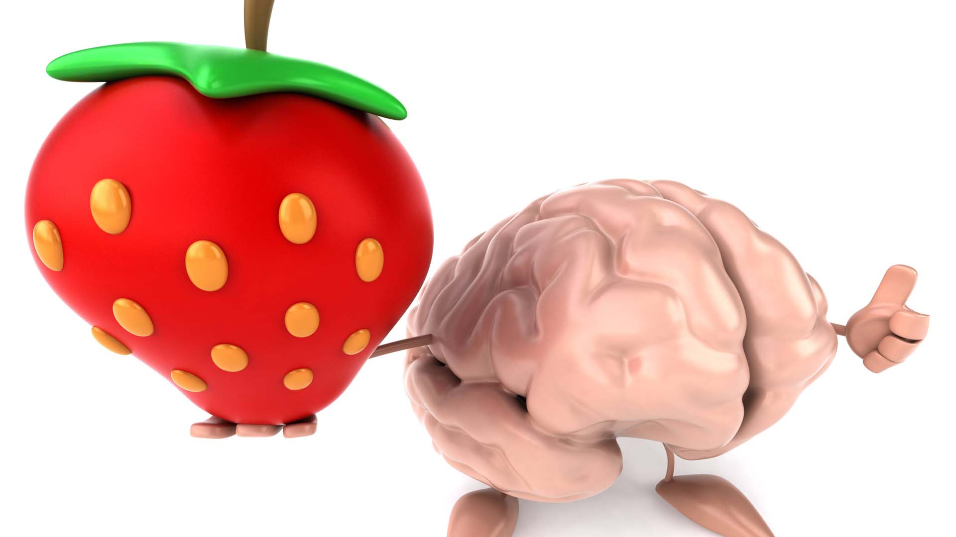 An illustration of a brain with hands and feet holding a strawberry.