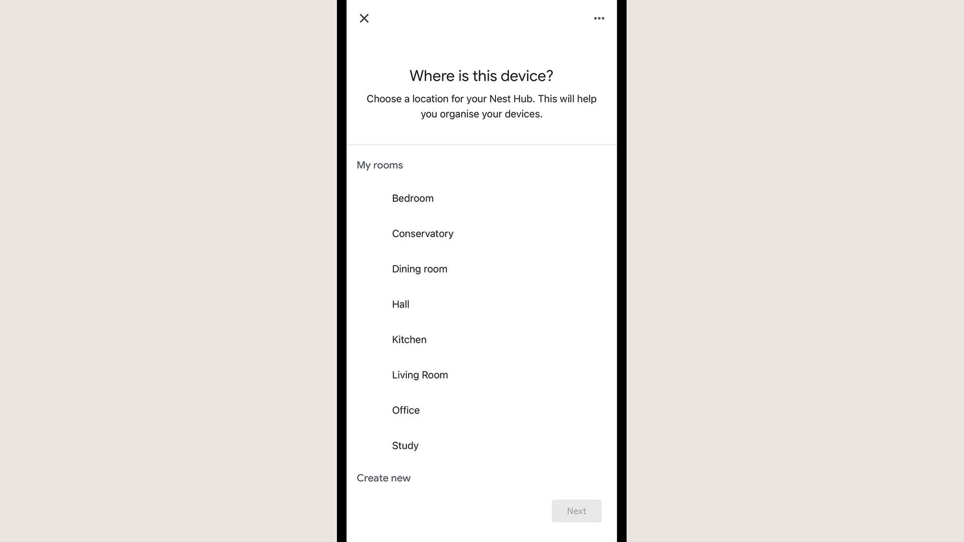 screen to choose a room for your google nest