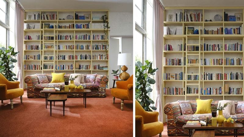 yellow bookshelf in a lounge