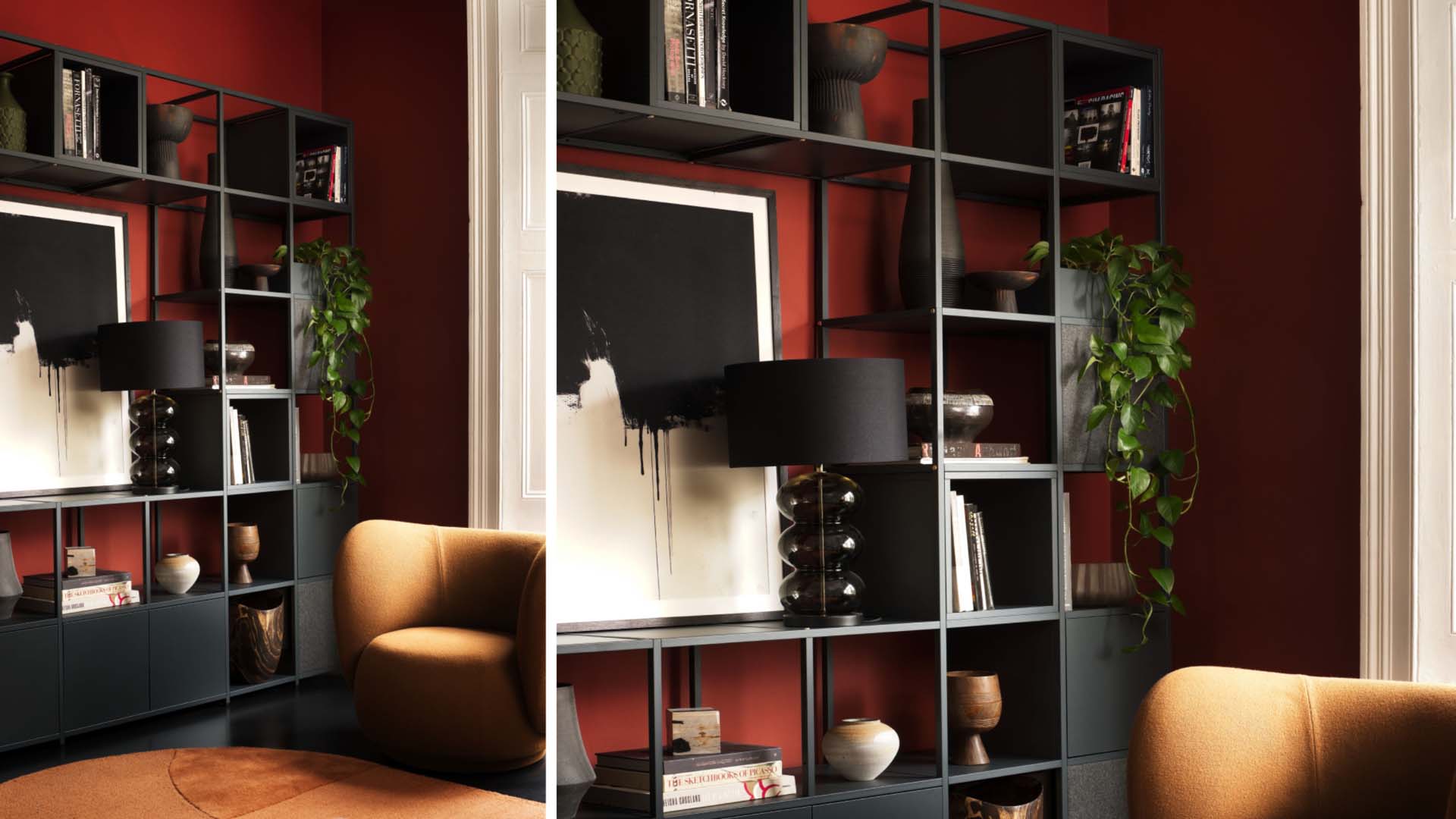black modular bookshelf against a red wall