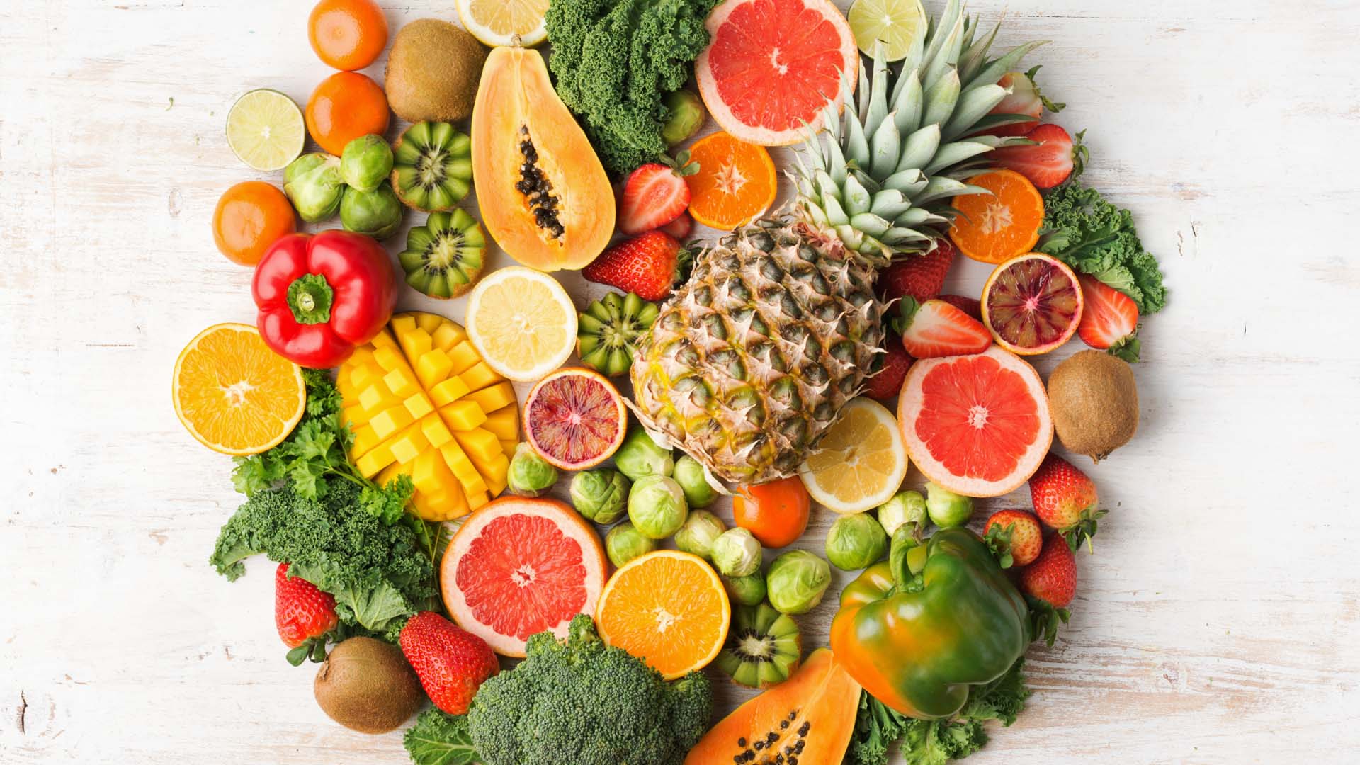 A display of brightly coloured fruits and vegetables 