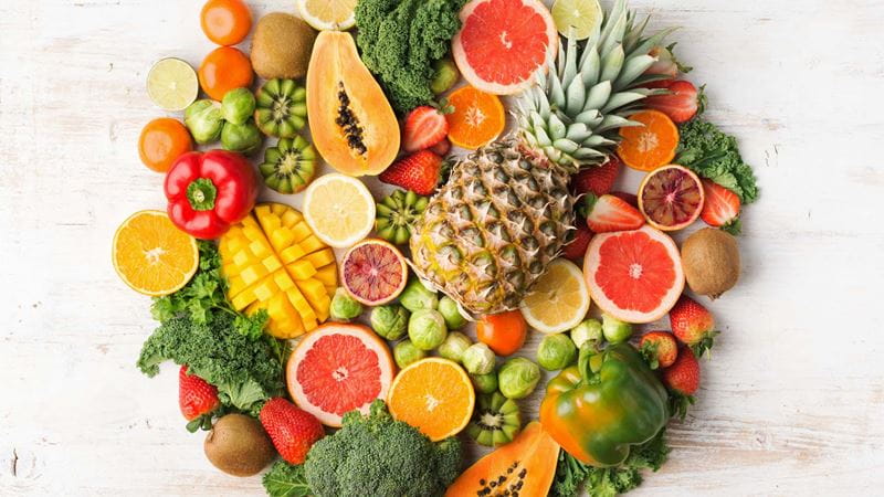 A display of brightly coloured fruits and vegetables
