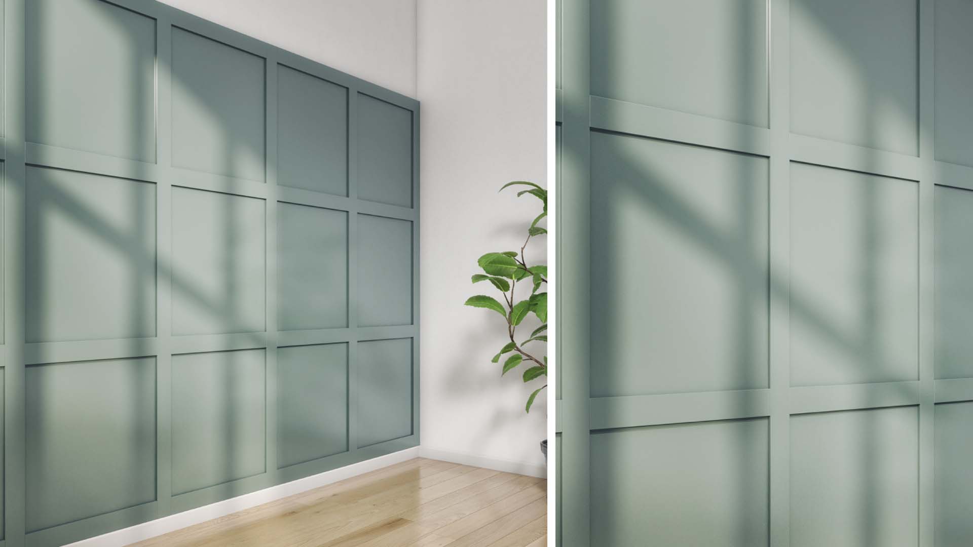 pale blue square panels half way up a wall