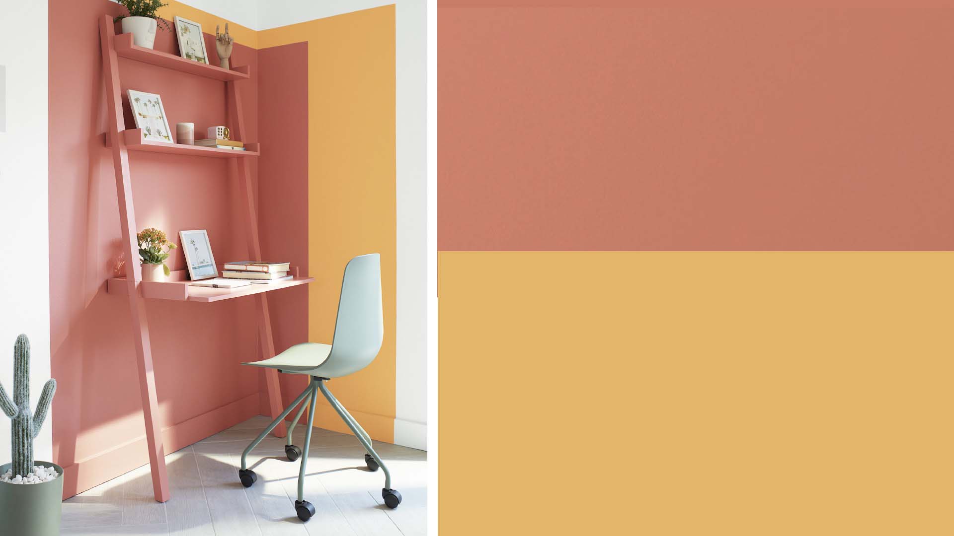 A pink and yellow office space