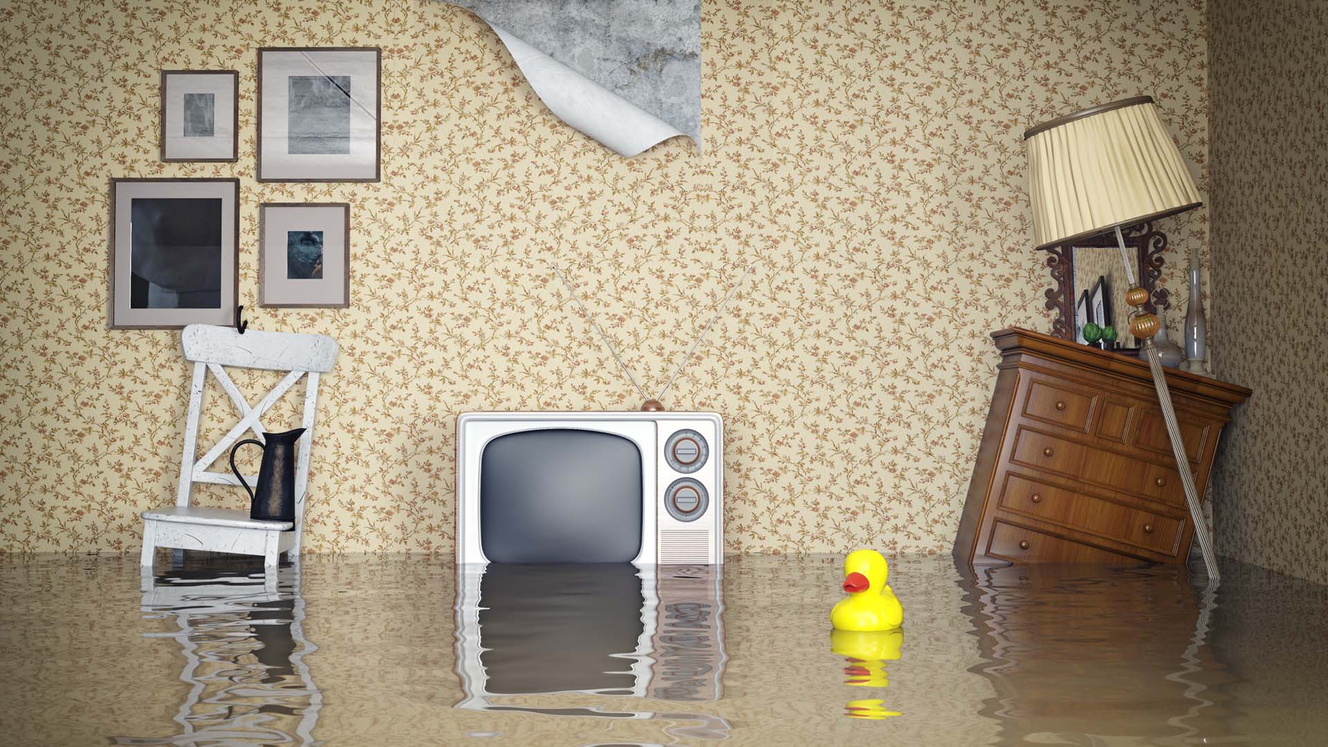 A flooded room with submerged items of furniture and a rubber duck floating