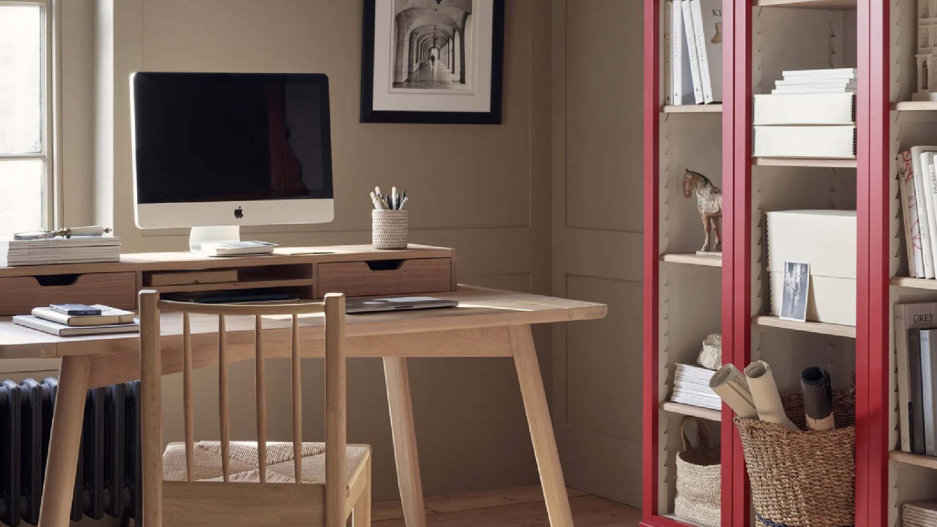 A beige and red office space