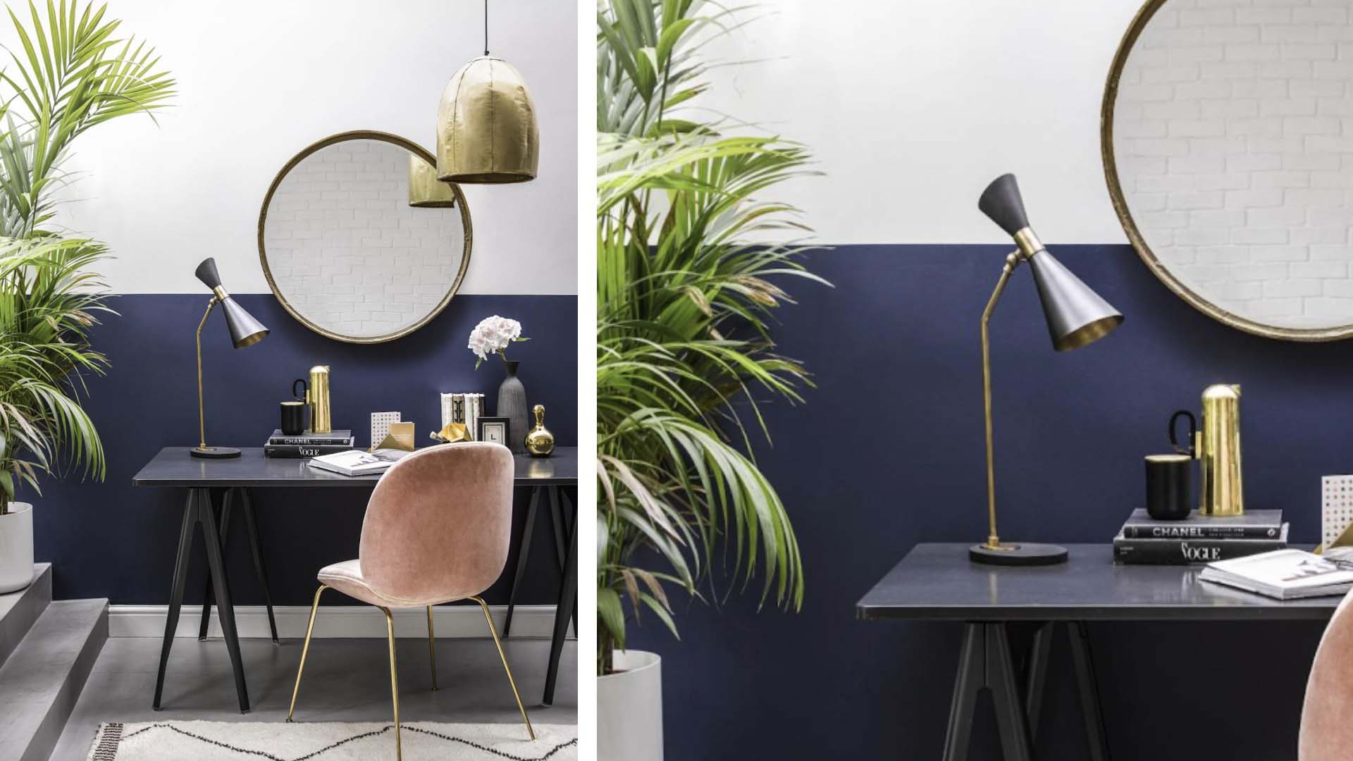 A navy and white coloured office pace