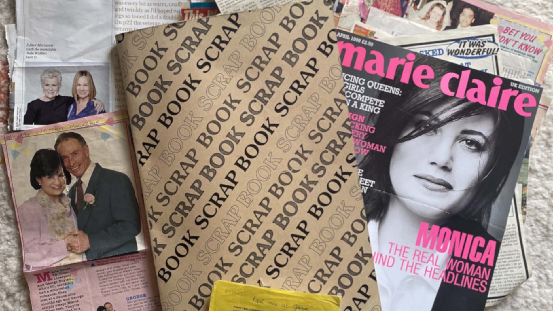 A scrapbook with photos and magazine covers