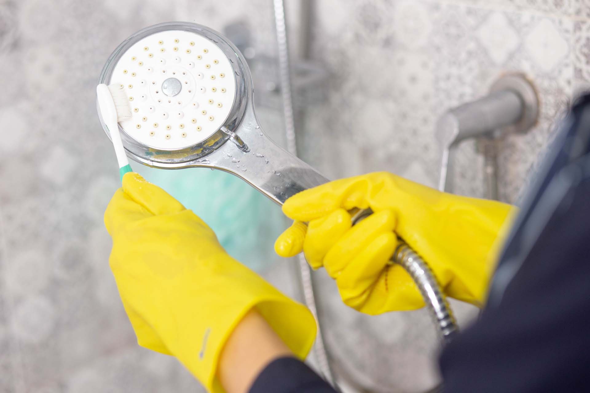 A showerhead being cleaned with a toothbrush
