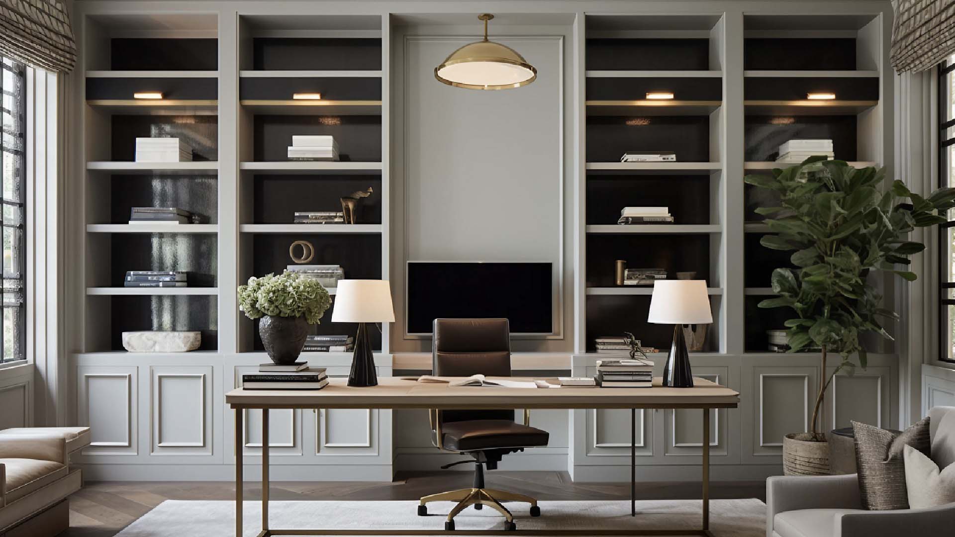 A grey and natural wood tone office space
