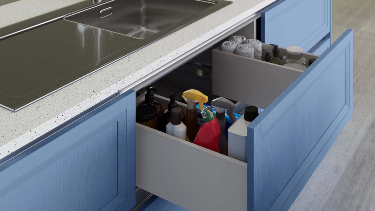 blue drawers in the kitchen 