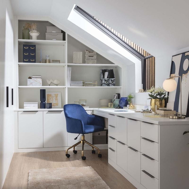 built in storage in a small office with a desk to make the most of space
