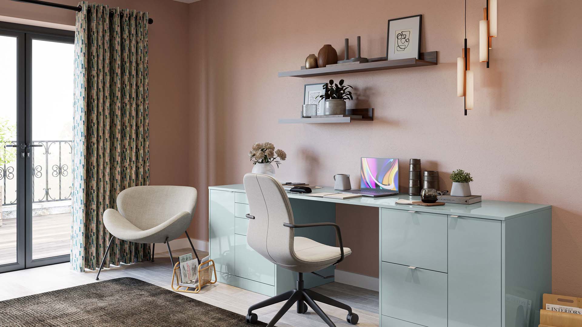 blue desk with shelves above