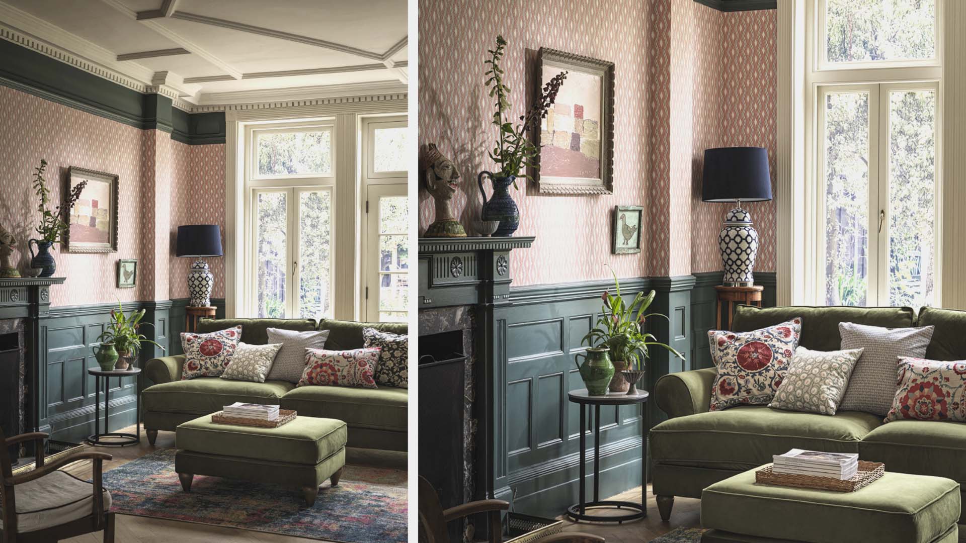 Two images side by side of a nicely dcorated room with dark blue-grey panelling and peach walls and a green sofa
