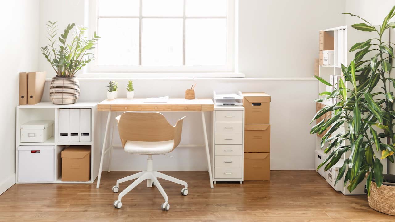White desk in white room with plants