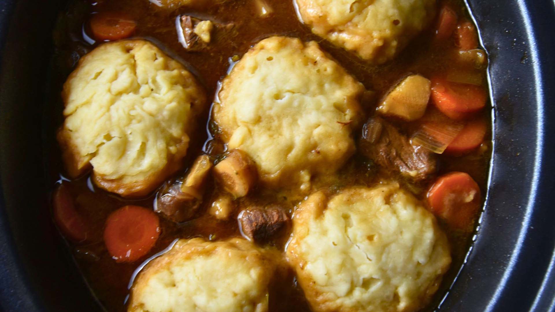 Stew and dumplings in a slow cooker
