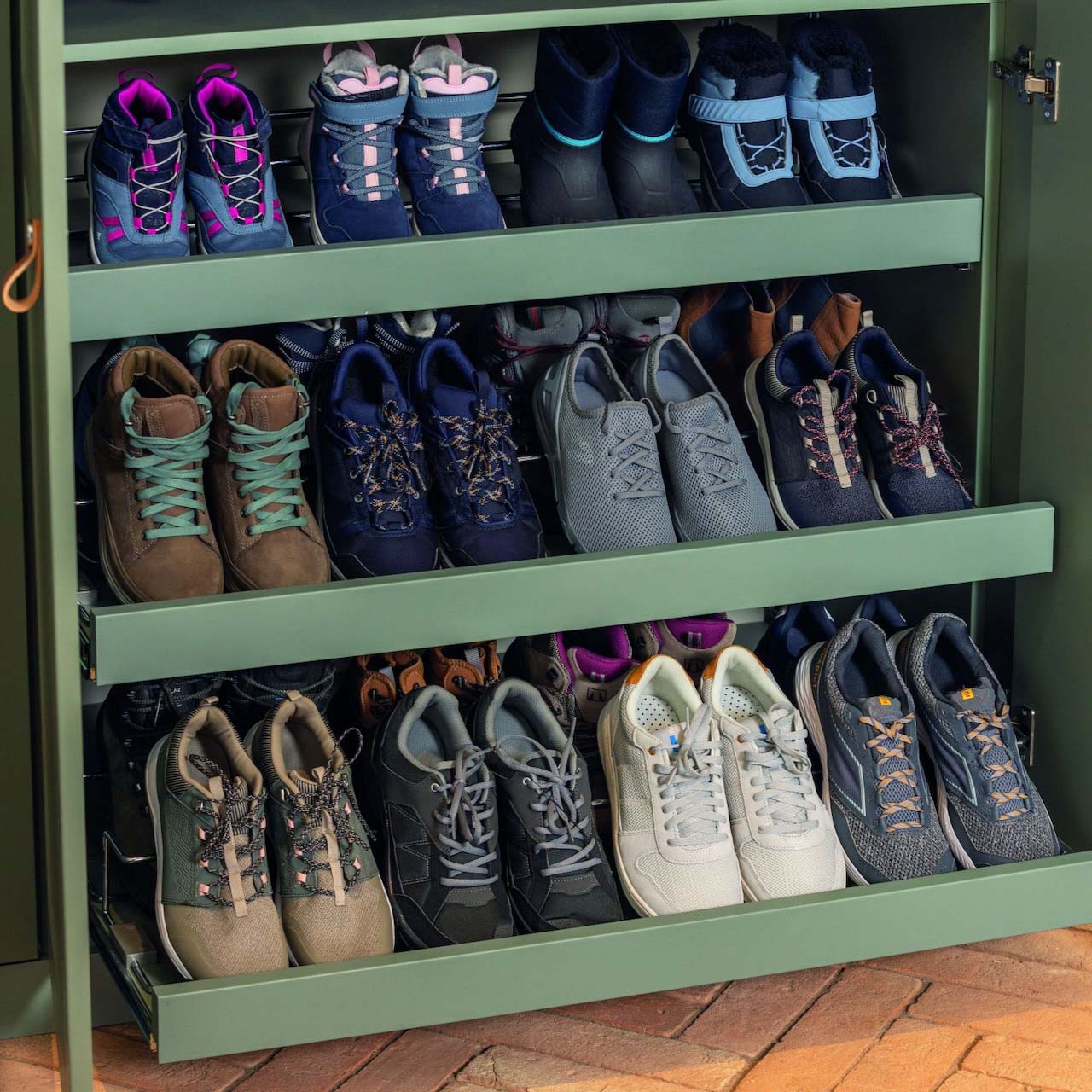 A shoe rack filled with shoes