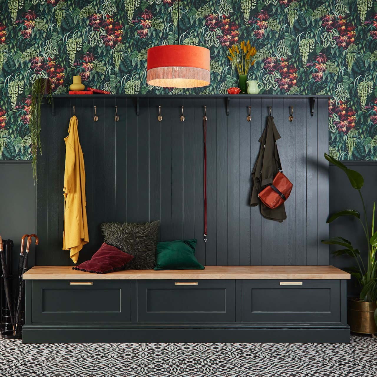 A bootroom decorated in dark hues