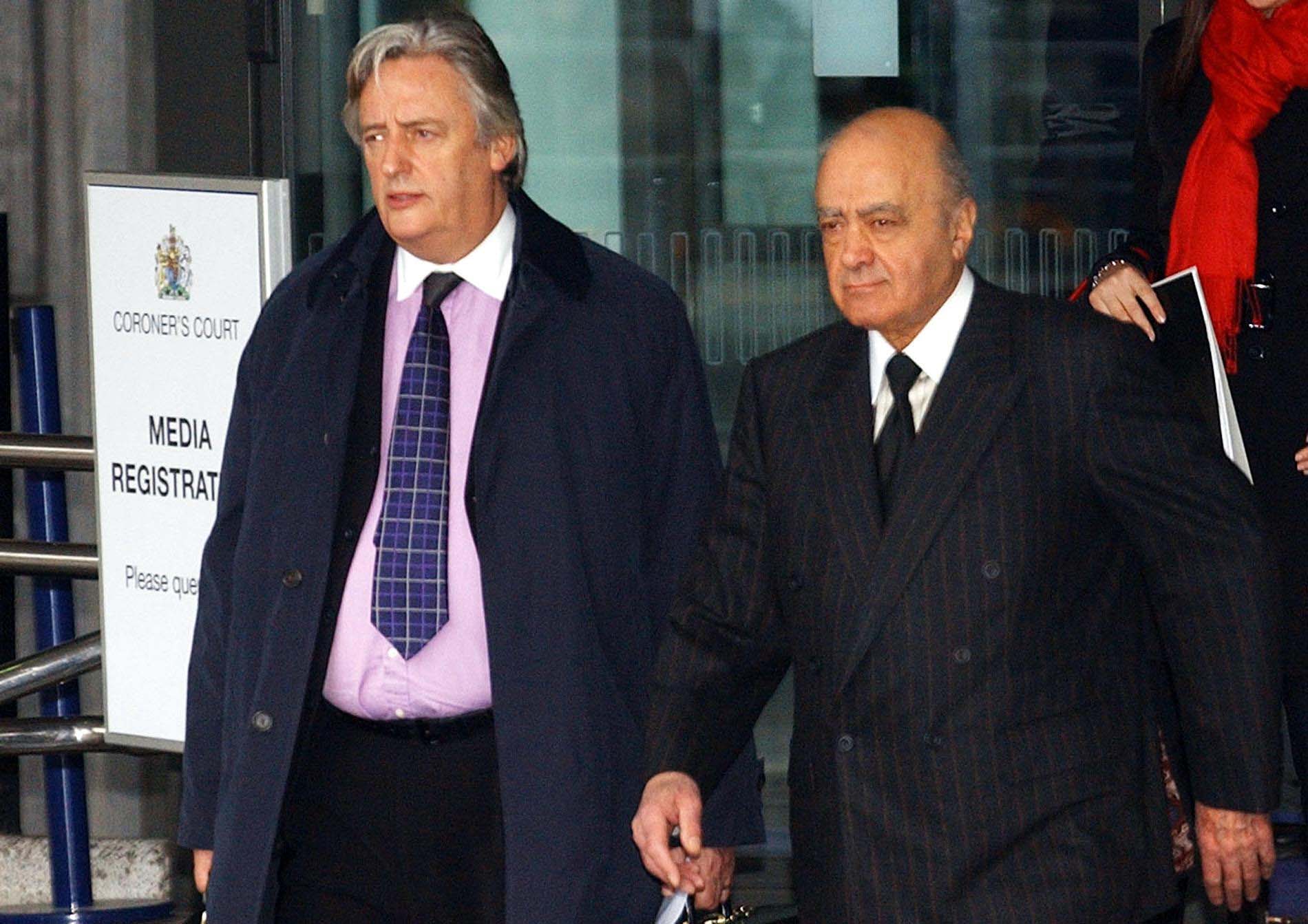Mohamed al Fayed and Michael Mansfield QC leave the inquest