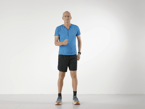 Paul on one leg pumping arms in a sprinting action