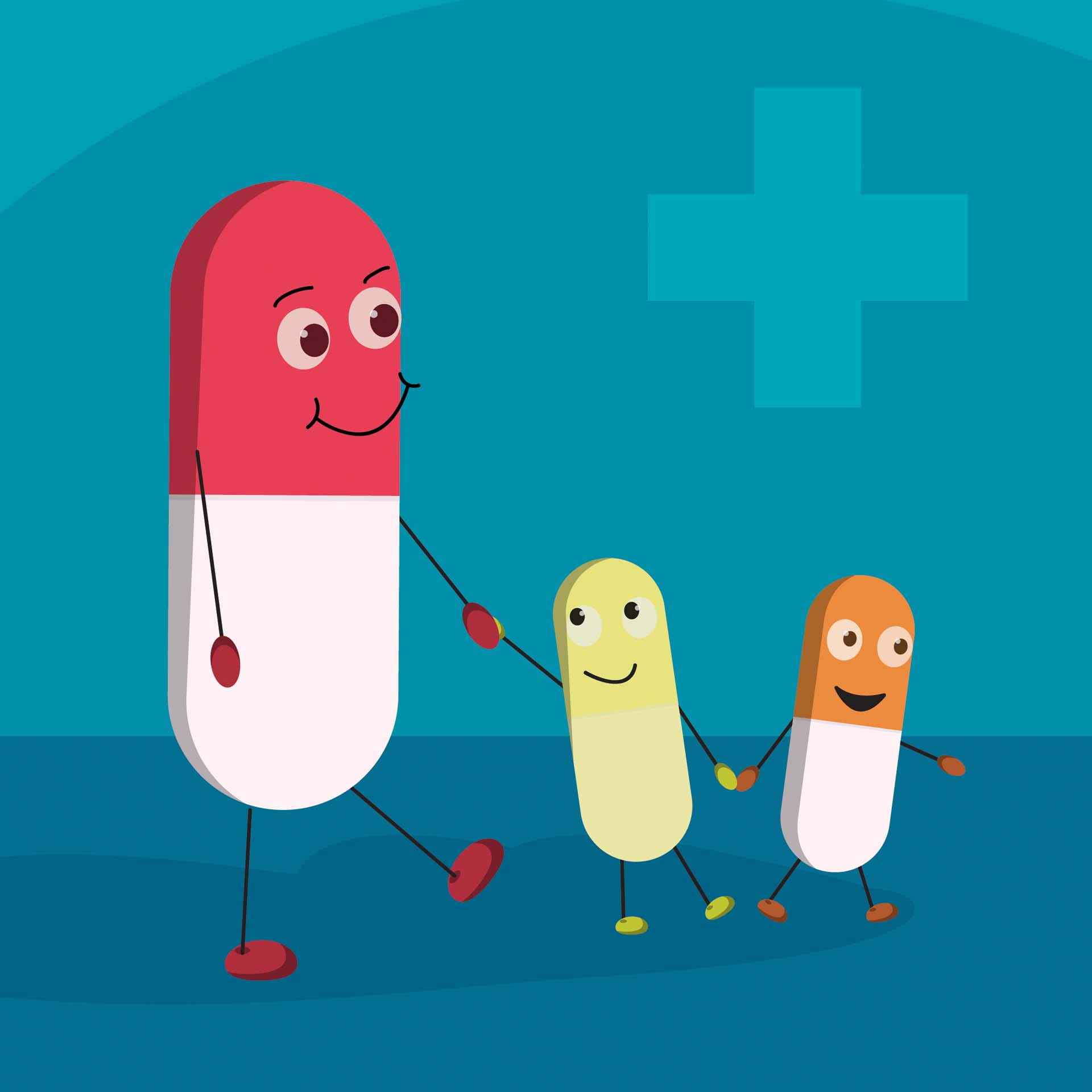 A cartoon of a big vitamin capsule walking with two small capsules