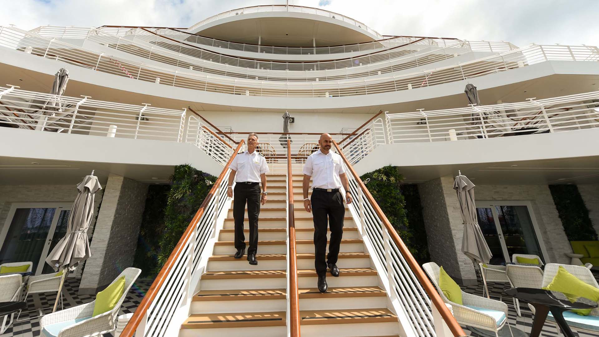 Saga Cruises' Spirit of Adventure - stern staircase and senior crew