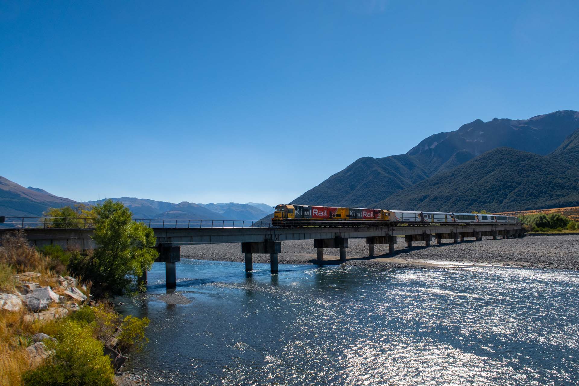 A train crossing a river on a bridge crossing a river in the sunshine