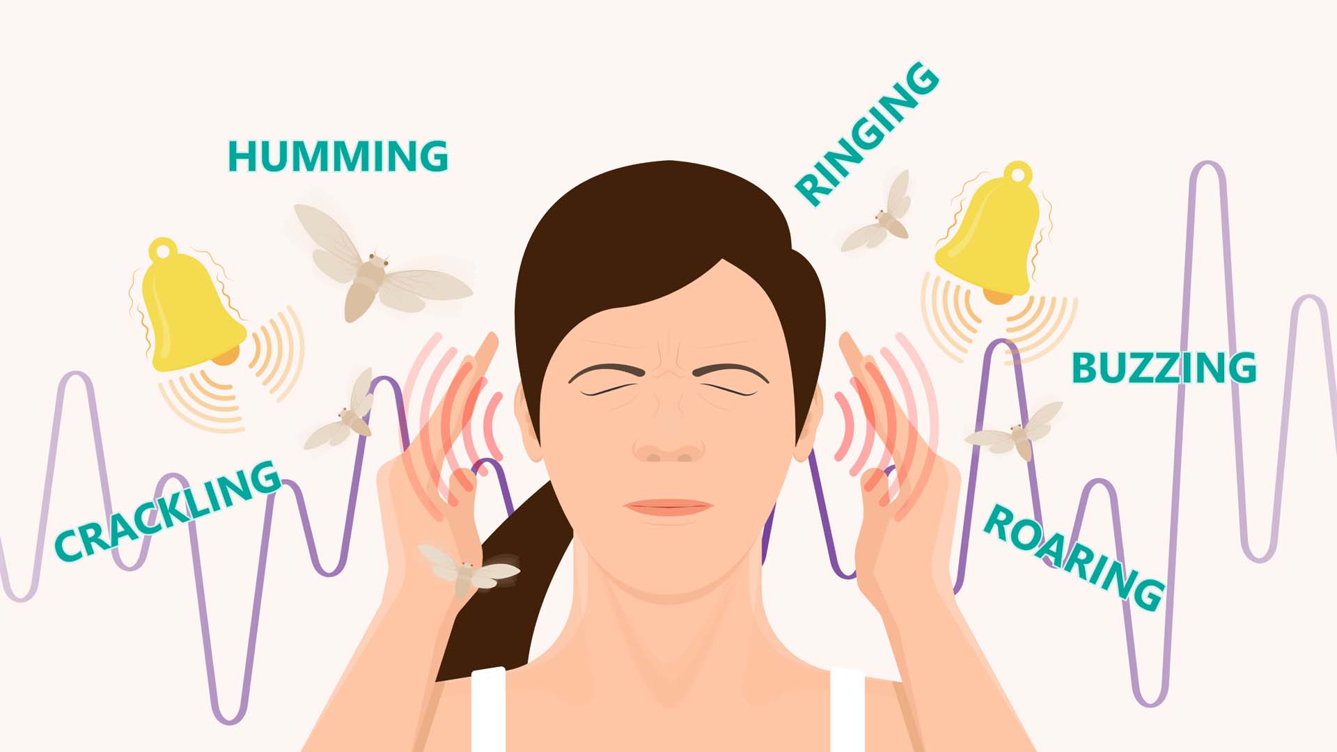 A depiction of a woman surrounded by words associated with tinnitus