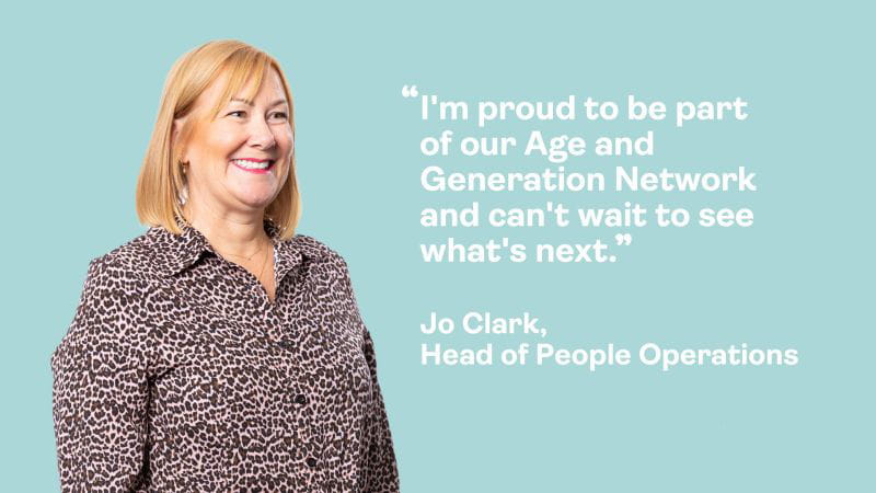 Saga employee on a blue background with a quote - Text reads: 'I'm proud to be a part of our Age and Generation Network and can't wait to see what's next"