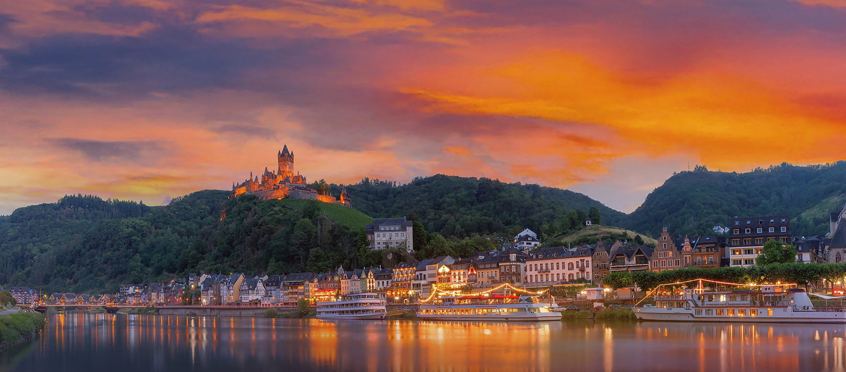 Coastal town with colourful sunset