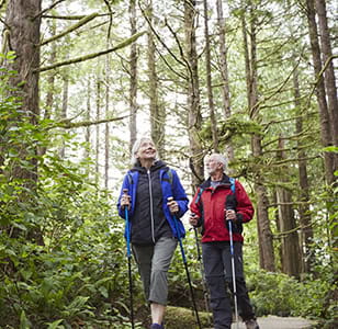 Senior couple hiking along a trail in a forest 