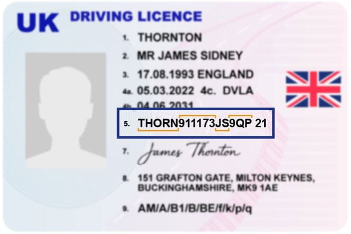 An example of a UK driving licence with a focus on the driving licence number.