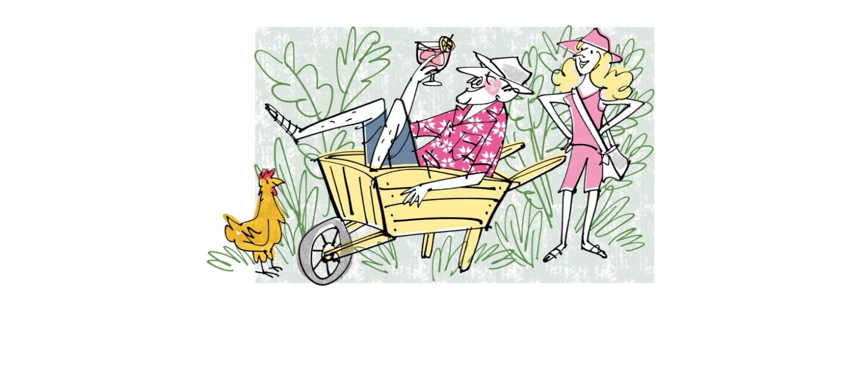 An illustration of Hunter taking a ride in a battered yellow  wheelbarrow |  MH Jeeves