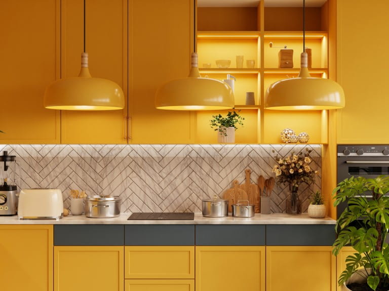 bright yellow cabinets in a kitchen