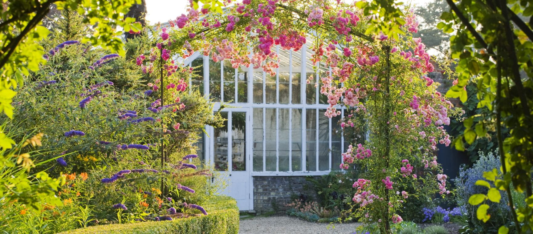 An heritage glasshouse visible through an arch of pink roses and other blooming flowers at National Trust Peckover