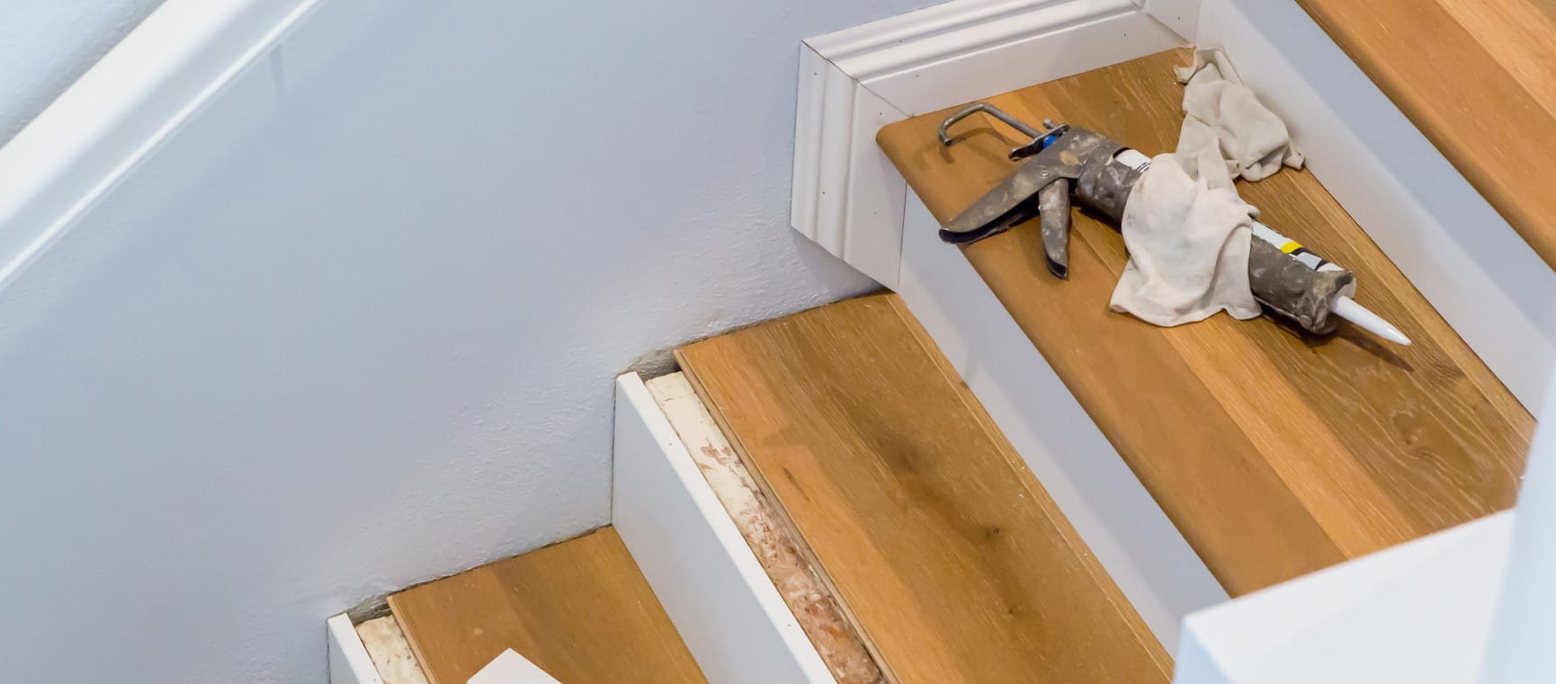 A staircase being renovated