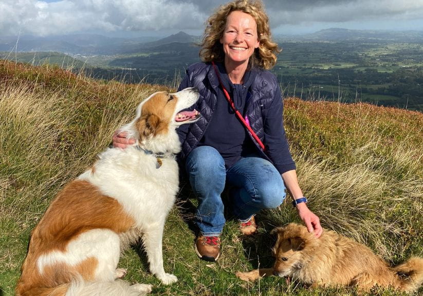 TV presenter on a hillside in South wales with two dogs