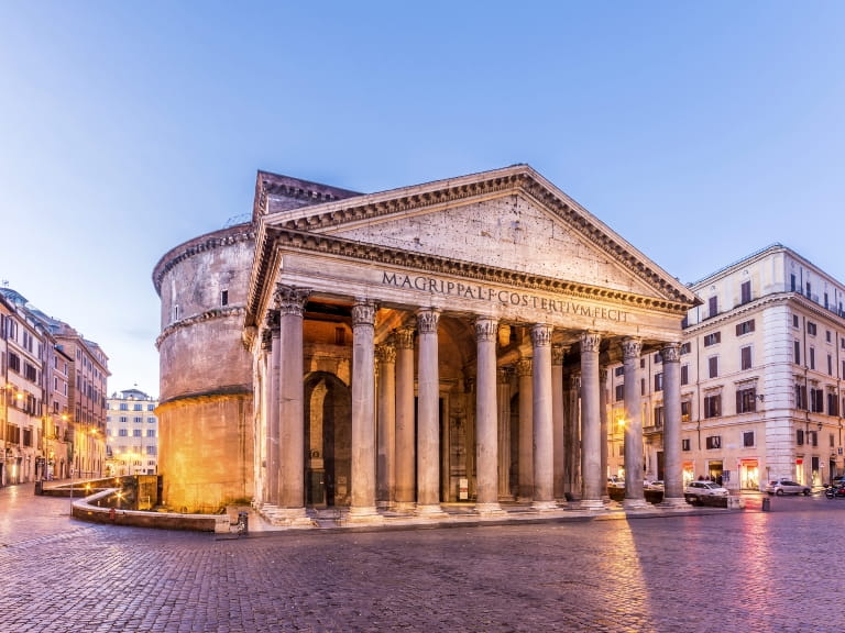 The Pantheon, Rome's ancient temple, lit up in the evening