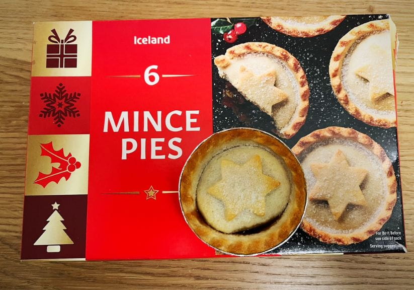 a box of mince pies from Iceland on a wooden table top