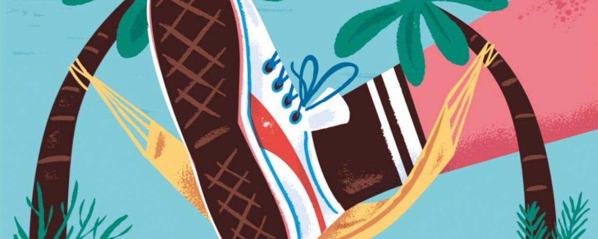 Stylised illustration of a foot in a trainer with the ankle resting in a hummock strung between two palm trees