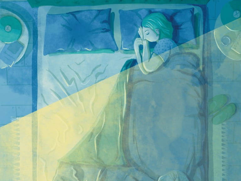 An illustration of a woman asleep alone in a bed at night to represent her partner waking up throughout the night to urinate due to an enlarged prostate | Esther Curtis 