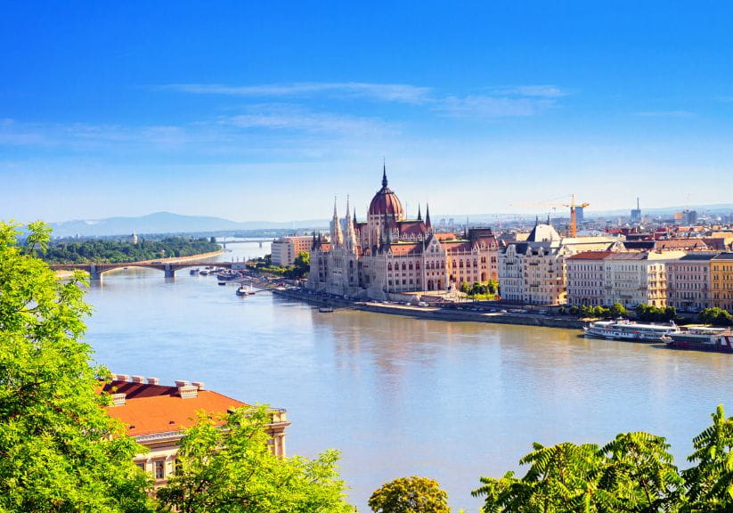A view over the Danube with the historical center of Budapest in the background