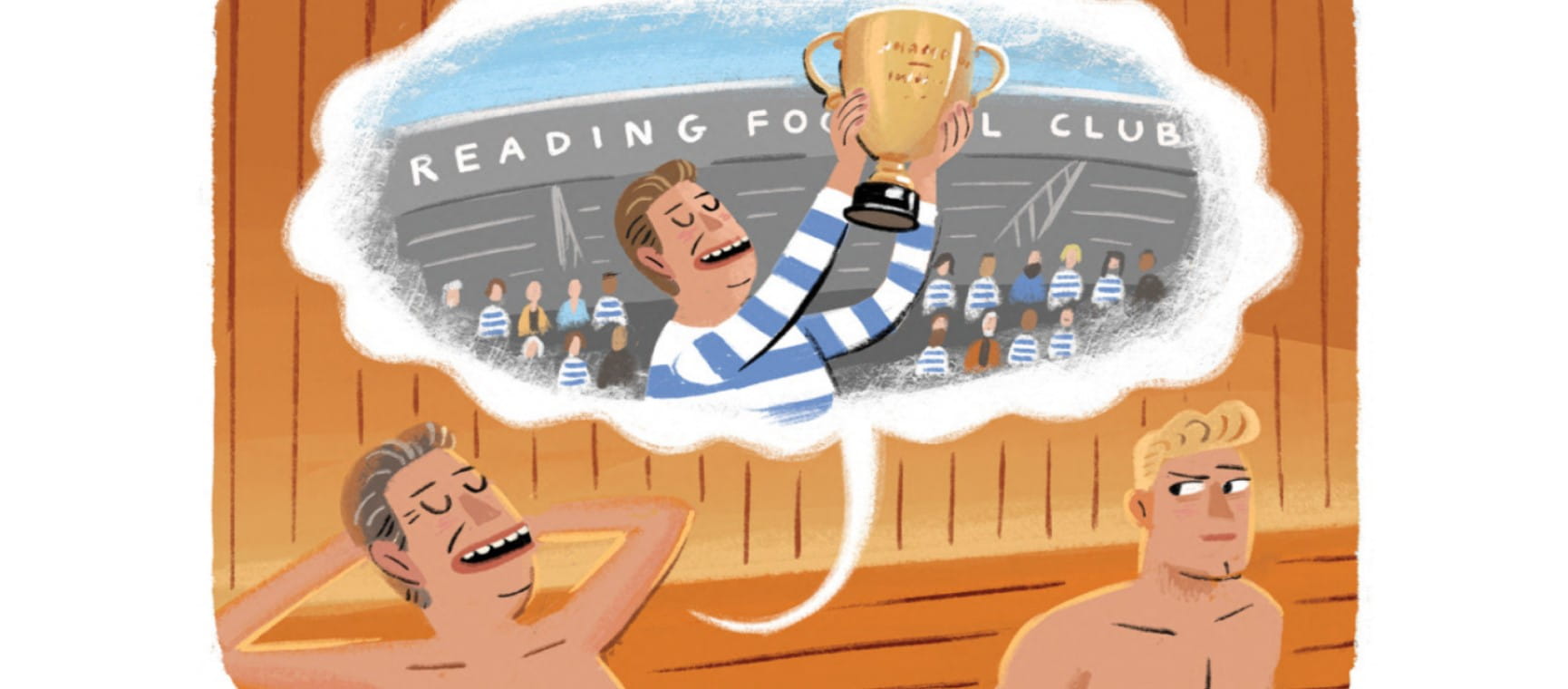 An illustration of a man boasting about winning a football trophy | Stephen Collins