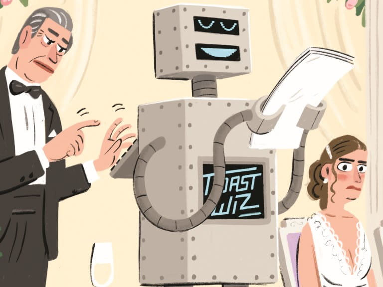 An illustration depicting an AI robot writing a Father of the Bride speech | Stephen Collins