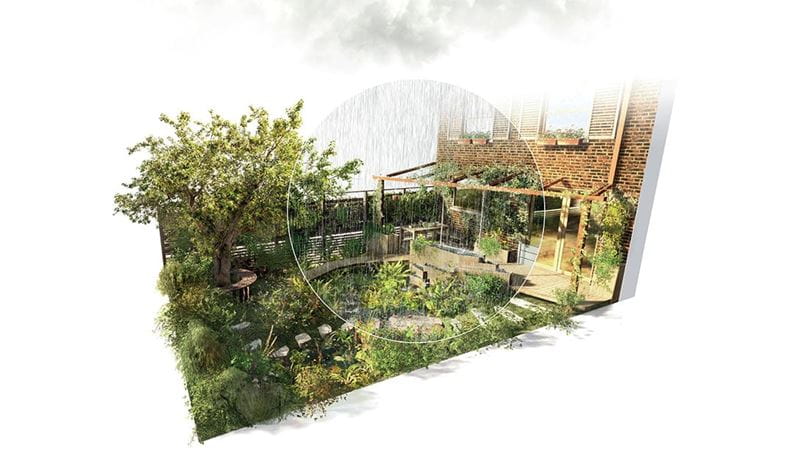 An artists impression of a flood resistant garden for Chelsea Flower Show