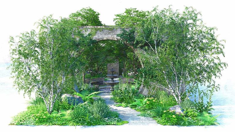 An artists impression of the Bridgerton garden for Chelsea Flower Show 2024
