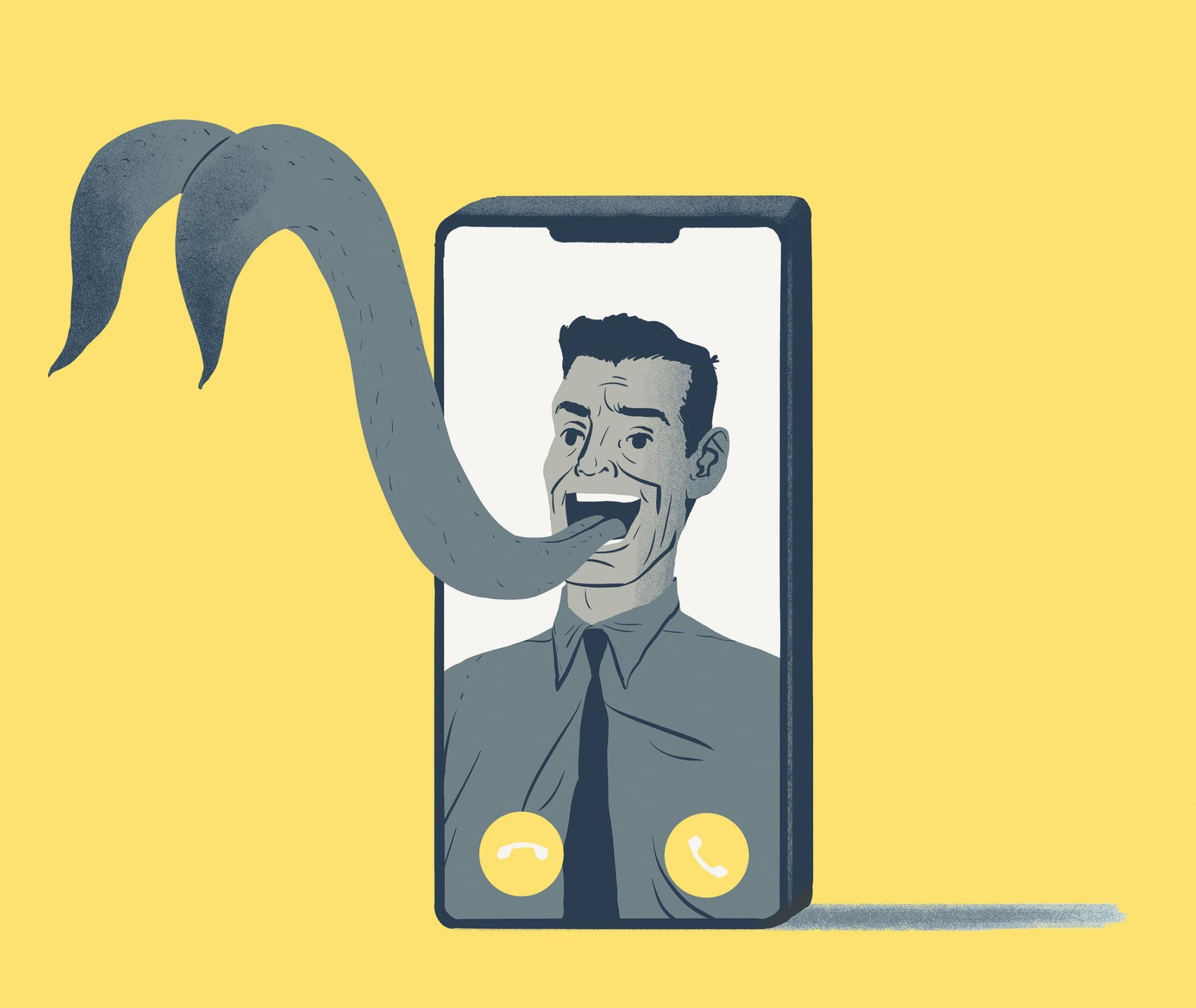 A stylised person with a forked tongue coming out of the screen on a mobile phone