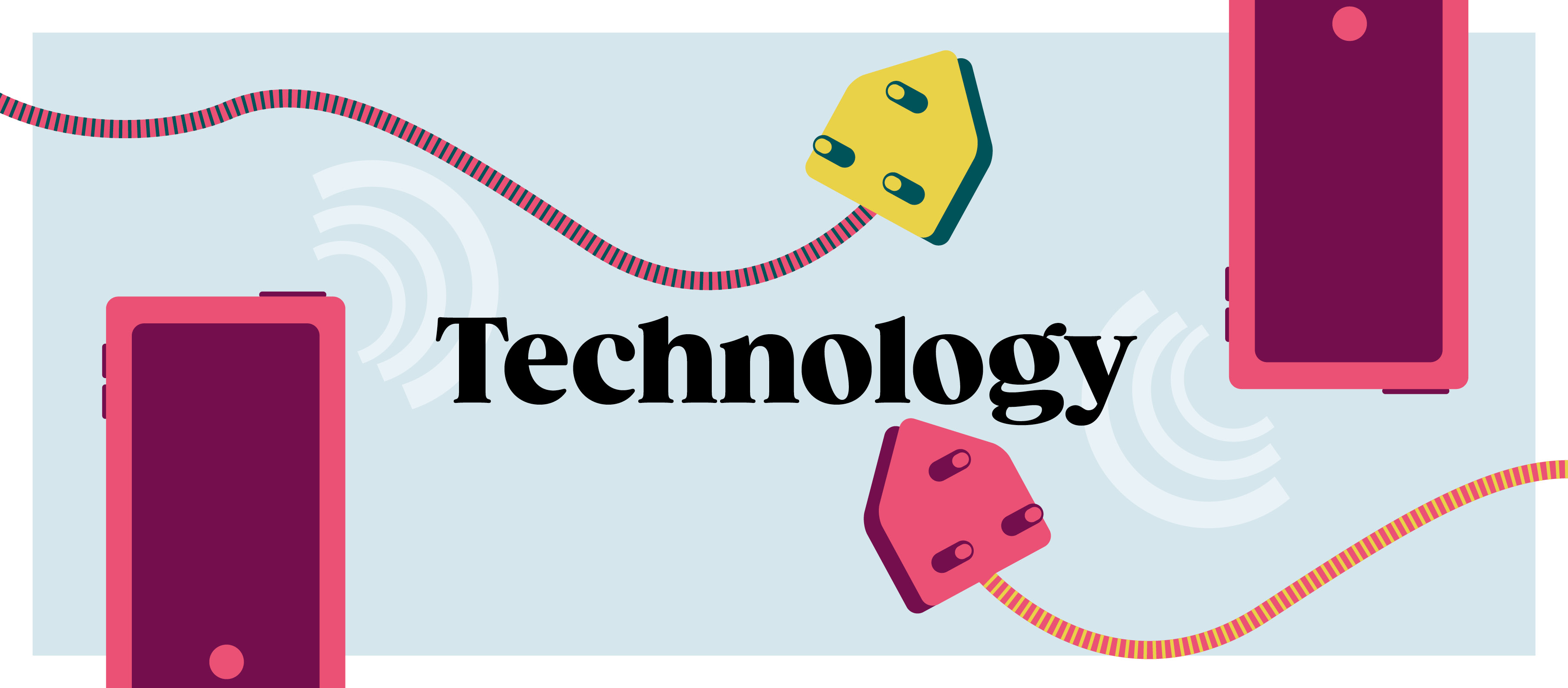 An illustration of two multicoloured plugs and the word technology on a light blue background